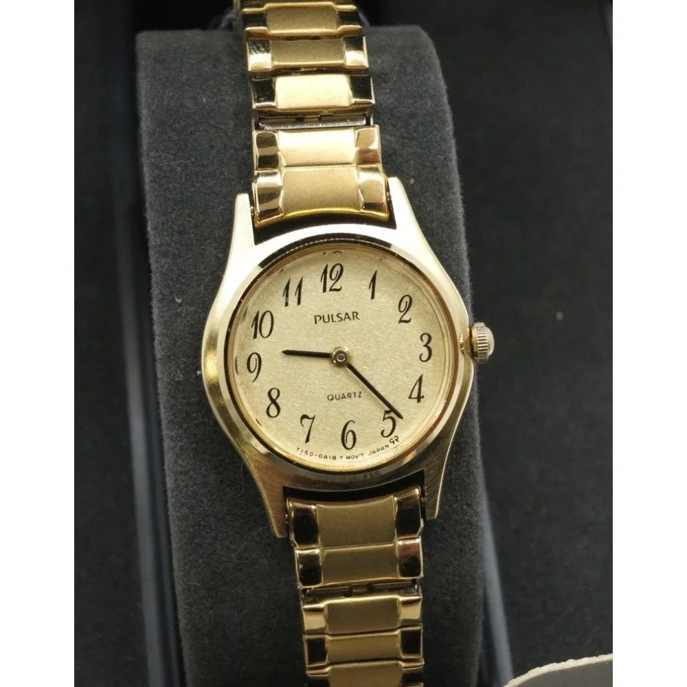 New with Box Pulsar Gold Tone Quartz Watch Base Metal Bezel Stainless Steel Back